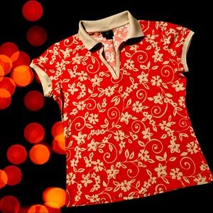 Golfino Capped Sleeves Unisex Polo; Orange & Taupe with Flower Design